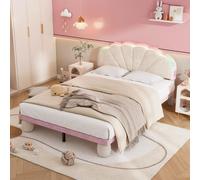 Flieks Lit rembourré 140x200 avec Led, Lit d'enfant Lit d'adolescent avec sommier à lattes, Lit double avec pieds rembourrés, Lit classique, Velours, Beige Rose