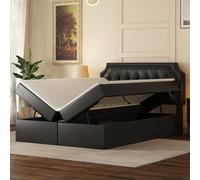 Flieks Lit rembourré 140x200cm avec espace de rangement, lit boxspring avec coffre de lit et sommier à lattes, lit de rangement lit double fonctionnel, PU, noir