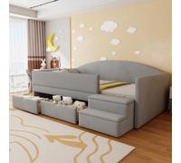 Flieks Lit rembourré 90x190cm avec 2 tiroirs, Lit d'enfant Canapé-lit avec escalier, Lit surélevé pour enfant avec protection contre les chutes, Velours, Gris