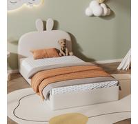 Flieks Lit rembourré 90x200 avec sommier à lattes, Lit d'enfant Lit d'adolescent avec tête de lit en forme de lapin, Lit simple Lit classique, Velours, Beige