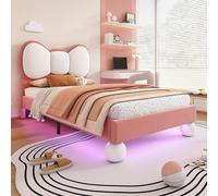 Flieks Lit rembourré 90x200cm avec Led, Lit d'enfant simple avec tête de lit en forme de boucle, Lit classique d'enfant Lit d'adolescent avec sommier à lattes, velours