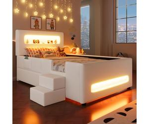 Flieks Lit rembourré 90x200cm avec Led, Lit d'enfant simple avec tiroir et escalier à deux marches, Lit d'enfant avec protection antichute, PU, Blanc