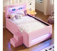Flieks Lit rembourré 90x200cm avec Led, Lit d'enfant simple avec tiroir et escalier à deux niveaux, Lit d'enfant avec protection antichute, PU, Rose