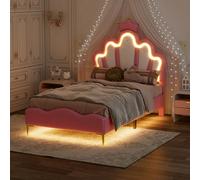 Flieks Lit rembourré 90x200cm avec sommier à lattes, Lit d'enfant avec tête de lit en forme de couronne, Lit d'adolescent Lit simple avec Led, Lit de princesse Lit en bois, PU