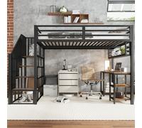 Flieks Lit superposé 120x200cm avec bureau et étagère, lit surélevé avec escalier, lit d'enfant en métal avec protection contre les chutes, lit superposé noir