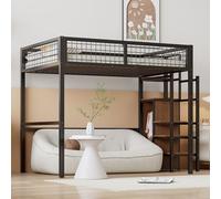Flieks Lit superposé 140×200cm avec escalier et armoire, lit surélevé pour adolescents avec sommier à lattes, lit d'enfant avec protection contre les chutes, lit double en métal