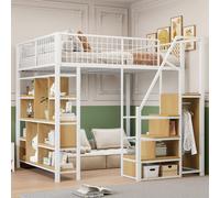 Flieks Lit superposé 140x200cm avec bibliothèque, lit surélevé en métal avec escalier et tringle à vêtements, lit d'enfant avec protection contre les chutes et sommier à lattes, blanc
