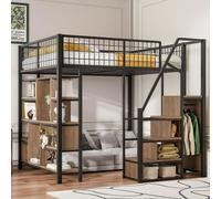 Flieks Lit superposé 140x200cm avec bibliothèque, lit surélevé en métal avec escalier et tringle à vêtements, lit d'enfant avec protection contre les chutes et sommier à lattes, noir
