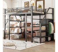 Flieks Lit superposé 140x200cm avec bureau et bibliothèque, lit d'enfant avec protection contre les chutes, lit mezzanine avec escalier et garde-robe, noir