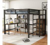 Flieks Lit superposé 140x200cm avec bureau et bibliothèque, lit surélevé avec armoire, lit d'enfant en métal avec sommier à lattes, lit double noir