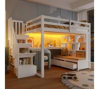 Flieks Lit superposé 140x200cm avec bureau et étagère, Lit d'enfant double avec Led et fonction de chargement, Lit mezzanine en bois avec antichute, Blanc