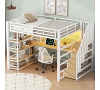 Flieks Lit superposé 140x200cm avec bureau et étagère, lit d'enfant lit d'adolescent lit métallique avec Led et fonction de chargement, lit double avec escalier, blanc