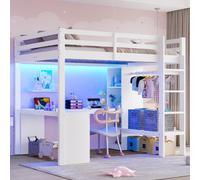 Flieks Lit superposé 140x200cm avec bureau et étagère, lit d'enfant lit d'adolescent lit surélevé avec Led et fonction de chargement, lit superposé lit double blanc