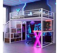 Flieks Lit superposé 140x200cm avec bureau et LED, lit surélevé pour adolescents avec tringle à vêtements et compartiment de rangement, lit d'enfant double lit superposé, blanc