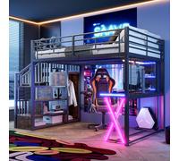 Flieks Lit superposé 140x200cm avec bureau et LED, lit surélevé pour adolescents avec tringle à vêtements et compartiment de rangement, lit d'enfant double lit superposé, noir