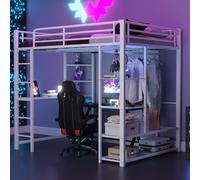 Flieks Lit superposé 140x200cm avec bureau, lit d'enfant en métal avec étagère, lit surélevé avec protection contre les chutes et sommier à lattes, lit double superposé, blanc