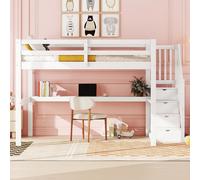 Flieks Lit superposé 140x200cm avec bureau, lit surélevé avec escalier et étagère, lit d'enfant avec protection contre les chutes et sommier à lattes, lit double en bois, blanc