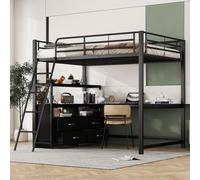 Flieks Lit superposé 140x200cm avec bureau, lit surélevé avec étagère et tiroir, lit d'enfant en métal Lit superposé avec sommier à lattes & antichute