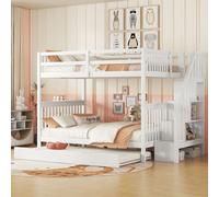 Flieks Lit superposé 140x200cm avec escalier de rangement, lit surélevé avec lit gigogne, lit d'enfant avec protection contre les chutes et sommier à lattes, lit superposé double, blanc