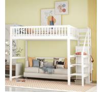 Flieks Lit superposé 140x200cm avec escalier et armoire, lit surélevé pour adolescents avec sommier à lattes, lit d'enfant avec protection contre les chutes, lit double en bois blanc