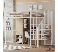 Flieks Lit superposé 140x200cm avec escalier, Lit superposé d'enfant avec protection contre la chute, Lit superposé en métal avec sommier à lattes, Lit double enfant, Blanc