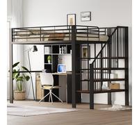 Flieks Lit superposé 140x200cm avec escalier, Lit superposé d'enfant avec protection contre la chute, Lit superposé en métal avec sommier à lattes, Lit double enfant, Noir