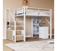 Flieks Lit superposé 140x200cm avec escalier, lit surélevé avec armoire et compartiment de rangement, lit d'enfant avec protection contre les chutes et sommier à lattes, lit double en métal, blanc