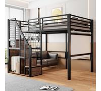 Flieks Lit superposé 140x200cm avec escalier, Lit surélevé d'enfant avec compartiment de rangement et tringle à vêtements, Lit métallique double Lit d'adolescent avec sommier à lattes, Noir