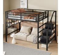 Flieks Lit superposé 140x200cm avec escalier, Lit surélevé en métal avec protection antichute, Lit d'enfant Lit d'adolescent Lit double avec étagère, Lit superposé noir