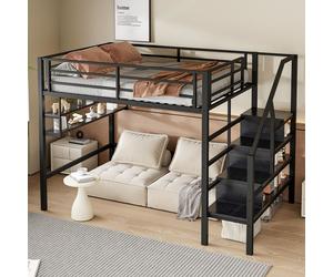 Flieks Lit superposé 140x200cm avec escalier, Lit surélevé en métal avec protection antichute, Lit d'enfant Lit d'adolescent Lit double avec étagère, Lit superposé noir