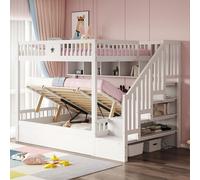 Flieks Lit superposé 140x200cm avec étagère, Lit d'enfant hydraulique avec espace de rangement, Lit superposé avec protection antichute et sommier à lattes, Lit double blanc