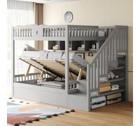 Flieks Lit superposé 140x200cm avec étagère, Lit d'enfant hydraulique avec espace de rangement, Lit superposé avec antichute et sommier à lattes, Lit double Gris