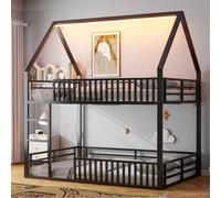 Flieks Lit superposé 140x200cm avec Led, Lit d'enfant lit de maison avec protection contre la chute, Lit surélevé double avec sommier à lattes, Lit superposé métallique noir