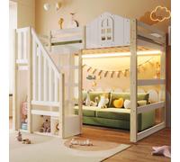 Flieks lit superposé 140x200cm avec Led, lit d'enfant lit de maison avec rideau de lit, lit superposé lit double avec sommier à lattes et protection contre les chutes, naturel