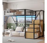 Flieks Lit superposé 140x200cm avec Led, Lit d'enfant surélevé avec armoire et barrière métallique, Lit d'adolescent en métal avec antichute, Noir
