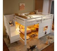 Flieks Lit superposé 140x200cm avec protection antichute, Lit d'enfant lit de maison avec Led, Lit superposé double en bois avec fenêtre, Lit d'enfant superposé, Blanc