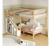 Flieks Lit superposé 140x200cm avec protection contre la chute, lit superposé avec escalier avec tringle à vêtements et étagères, lit d'enfant double avec sommier à lattes, naturel