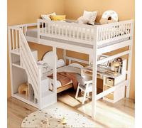 Flieks Lit superposé 140x200cm avec protection contre les chutes, lit d'enfant surélevé avec escalier et espace de rangement, lit double en bois Lit superposé avec sommier à lattes, blanc