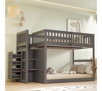 Flieks Lit superposé 140x200cm avec protection contre les chutes, Lit d'enfant surélevé avec escalier, Lit en bois double Lit superposé avec tiroirs et sommier, Gris