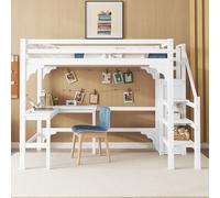 Flieks Lit superposé 140x200cm avec protection contre les chutes, lit surélevé avec bureau & garde-robe, lit d'enfant avec sommier à lattes, lit superposé en bois lit double, blanc