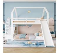 Flieks lit superposé 140x200cm avec toboggan, lit d'enfant lit de maison avec escalier, lit superposé avec protection contre les chutes et sommier à lattes, lit double enfants, blanc