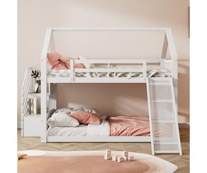 Flieks Lit superposé 140x200cm, Lit surélevé avec escalier, Lit d'enfant avec toboggan et escalier, Lit de maison avec sommier à lattes, Lit superposé en bois massif pour enfants