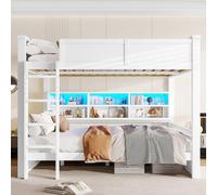 Flieks Lit superposé 160x200cm avec étagère, Lit superposé pour enfants avec Led et échelle, Lit d'enfant double avec protection contre les chutes et sommier à lattes, Blanc