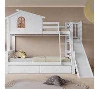 Flieks Lit superposé 90x200/120x200 avec sommier à lattes, lit d'enfant avec toboggan et échelle, lit surélevé avec 2 tiroirs, lit de maison en bois lit superposé, blanc