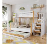 Flieks Lit superposé 90x200/120x200cm avec lit gigogne, lit mezzanine avec escalier et tiroirs, lit d'enfant avec protection contre les chutes et sommier à lattes, lit superposé blanc
