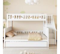 Flieks Lit superposé 90x200/140x200 avec sommier à lattes, lit surélevé avec escalier de rangement, lit d'enfant avec protection contre les chutes et lit gigogne, lit superposé blanc