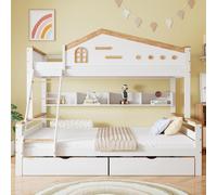 Flieks Lit superposé 90x200/140x200cm avec 2 tiroirs, lit surélevé d'enfant lit de maison avec étagères, lit superposé avec protection contre les chutes et sommier à lattes, blanc