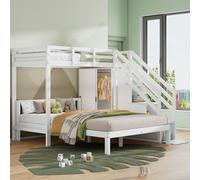 Flieks Lit superposé 90x200/140x200cm avec armoire, lit mezzanine avec escalier de rangement, lit d'enfant avec sommier à lattes et chaussette, lit familial blanc