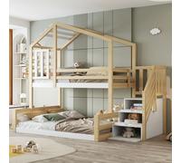 Flieks lit superposé 90x200 / 140x200cm avec protection contre les chutes, lit d'enfant lit de maison avec fenêtre, lit surélevé avec escalier, lit en bois lit superposé 2 enfants, couleur bois