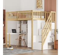 Flieks Lit superposé 90x200 avec armoire, Lit surélevé avec escalier de rangement, Lit d'enfant simple avec bureau et étagère, Lit superposé en bois